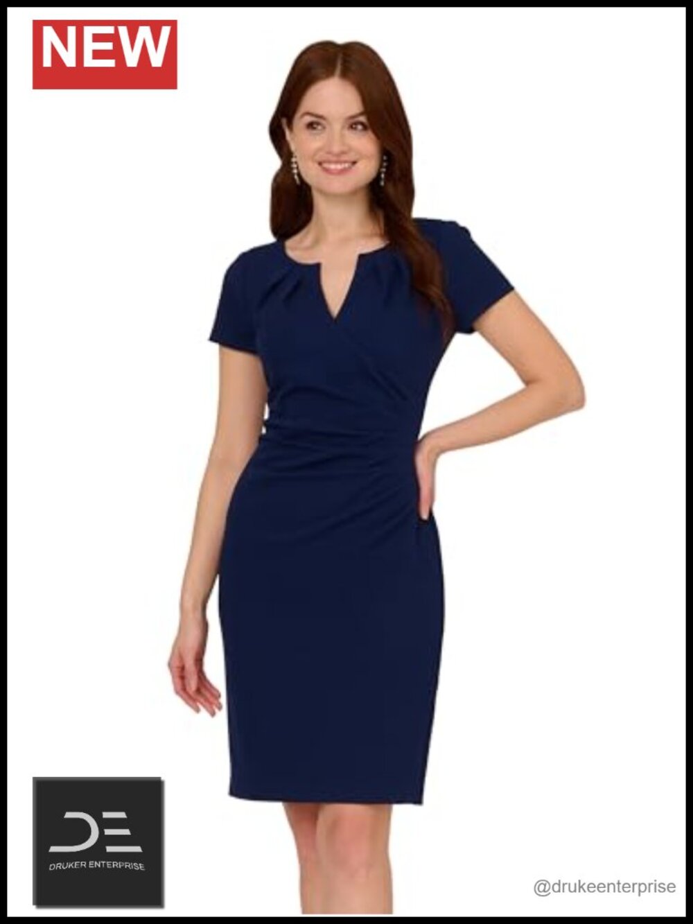 Knit Crepe Draped Midi Dress with Notch Neck